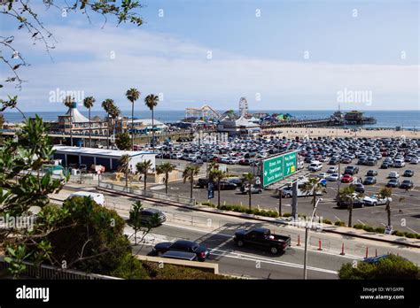 Santa Monica Beach Pier And Parking Lot Los Angeles California Stock