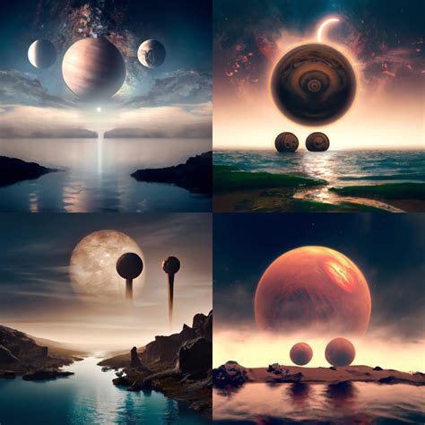 Planet With Three Moons Viewed From The Shore Of A Lake Ai Generated