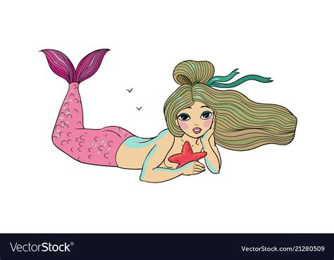 Cute Cartoon Little Mermaid Siren Sea Theme Vector Image