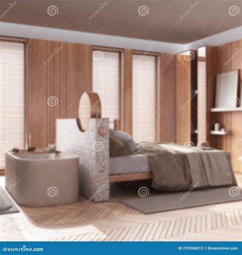 Blurred Background Japandi Bleached Wooden Bedroom With Bathtubs