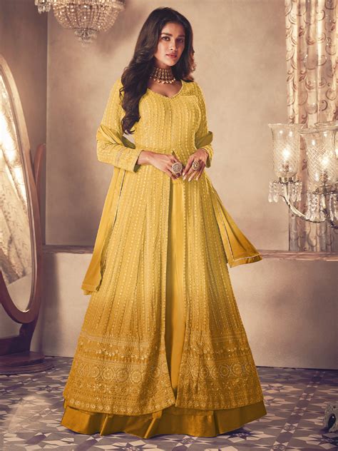 Odette Women Yellow Embroidered Georgette Partywear Semi Stitched Anar