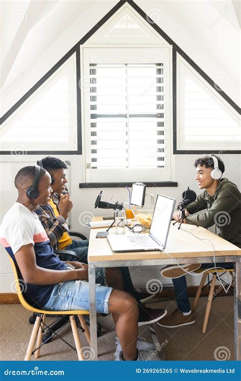 Vertical Image Of Happy Diverse Teenage Boys With Headphones And