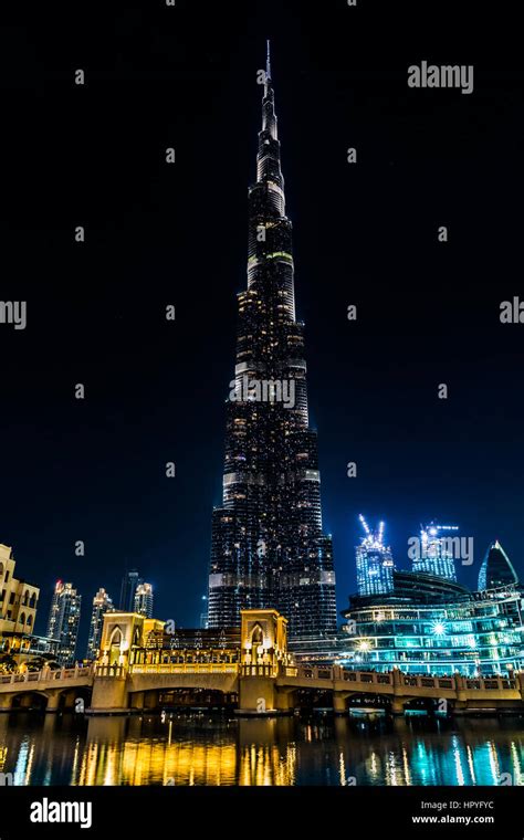 View Of Illuminated Burj Khalifa At Night Dubai United Arab Emirates