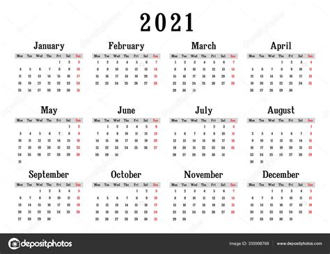 Calendar 2021 Week Starts Monday Basic Business Template Vector