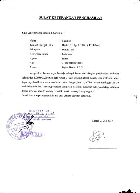 Contoh Surat Keterangan Penghasilan Orang Tua Untuk Daftar Kuliah