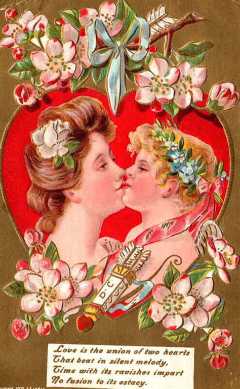 Circa 1910 Valentines Lovely Women Kissing Cupid Vintage Postcard