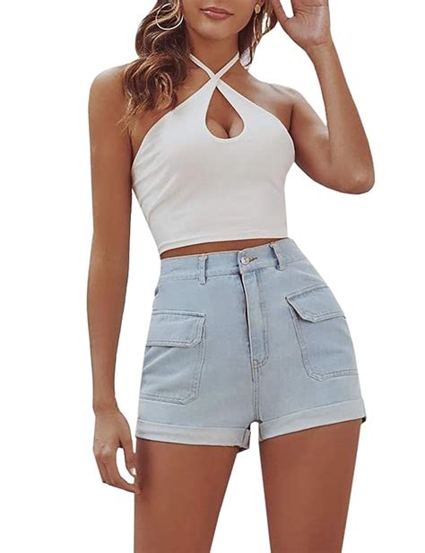 Buy Women S Casual Solid Denim Shorts With Pockets Rolled Cuffs Zipper Shorts With Button At