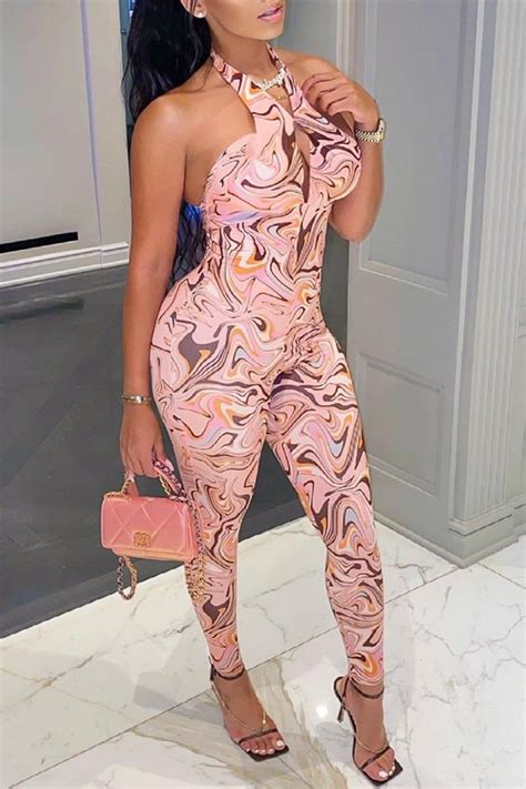 Wholesale Pink Fashion Sexy Print Backless Halter Skinny Jumpsuits K24670 1 Online