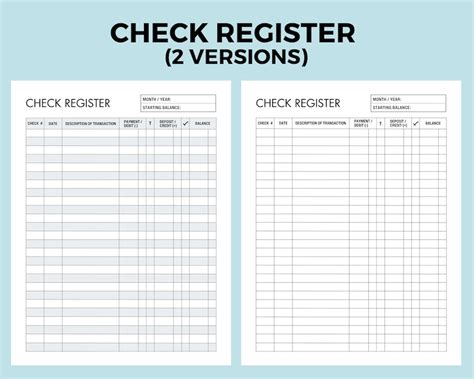 Checkbook Register Printable Check Transaction Tracker Check Ledger