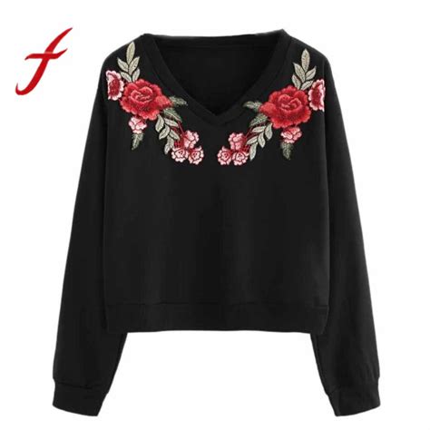 Feitong Women Cropped Sweatshirts Hoodies Casual Embroidery Applique