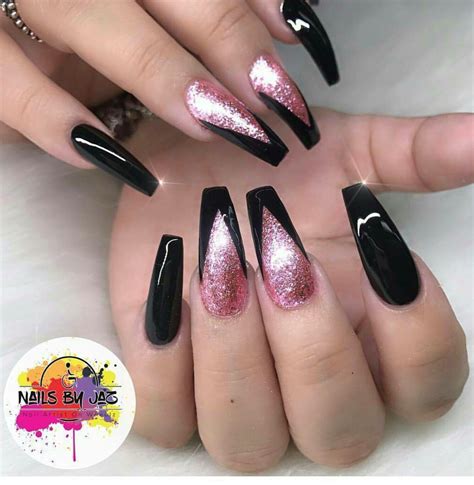 Coffin Pink Acrylic Nails Glitter Using The Glitter On Only One Nail