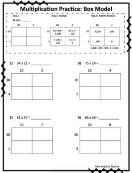 Area model common core aligned lesson plan: Area Box Model Multiplication (2 digits x 2 digits) by NewEnglandTeacher