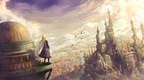 Hd Wallpaper Anime Fantasy World Landscape Girl Back View Clouds
