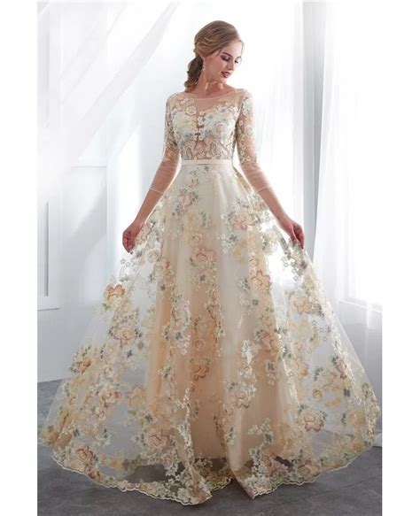 Beautiful Champagne Floral Lace Prom Dress In Colored E007