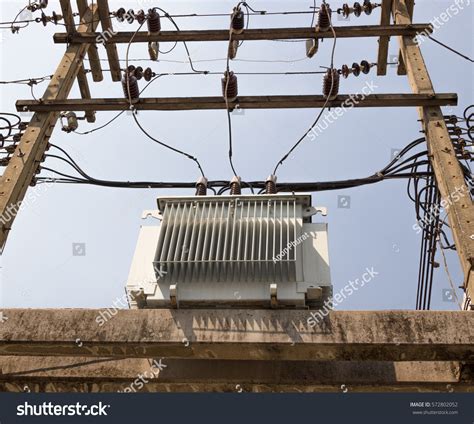 Pole Mounted Electricity Substation Transformer Stock Photo 572802052