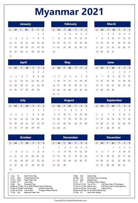 Myanmar Calendar 2021 With Holidays Free Printable Template 2021