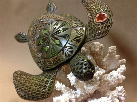 Handmade Hand Carved Wooden Green Sea Turtle By Carolina Mountain Reefs