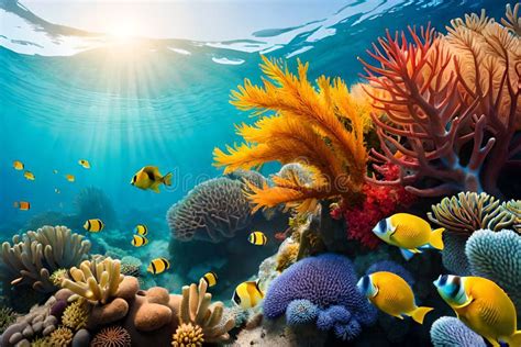 Underwater Coral Reef In The Deep Blue Ocean With Colorful Fish And