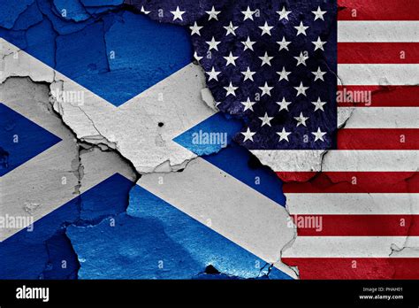 Flags Of Scotland And Usa Painted On Cracked Wall Stock Photo Alamy