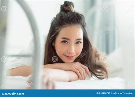 Korean Woman Lying On Bed Stock Image Image Of Girl 253470749