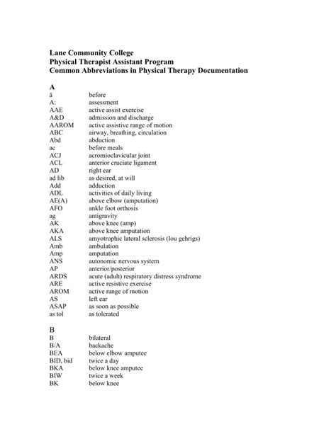 Common Abbreviations In Physical Therapy Documentation