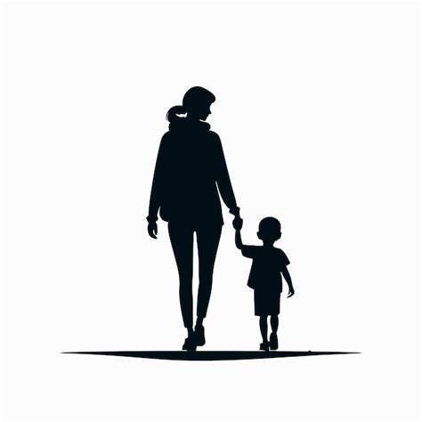 premium vector silhouette of a modern mom and her son walking hand in hand along the road of life