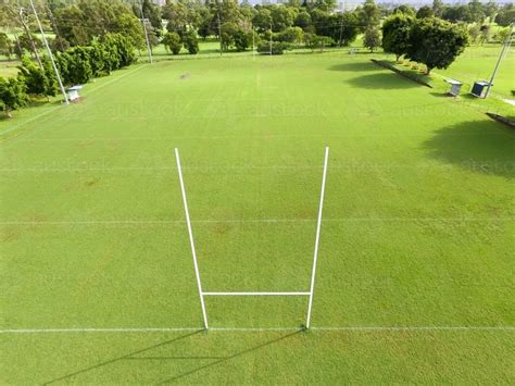 image of aerial view of nrl footy field and goal posts austockphoto