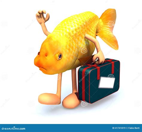 Red Fish With Arms And Legs That Take A Suitcase Stock Illustration