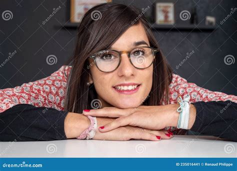 Smiling Pretty Brunette With Eyeglasses Stock Image Image Of Brunette
