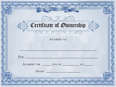 Certificate Of Ownership Blank Printable Template In PDF Word