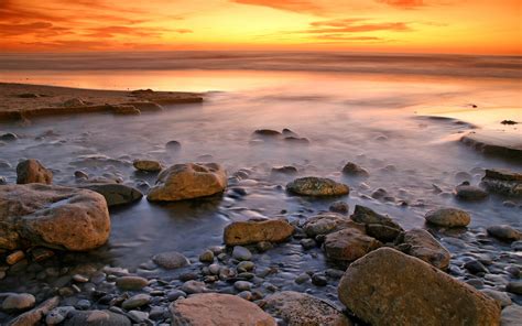 Coast Landscape Beach Rocks Water Ocean Sea Sunset Wallpaper