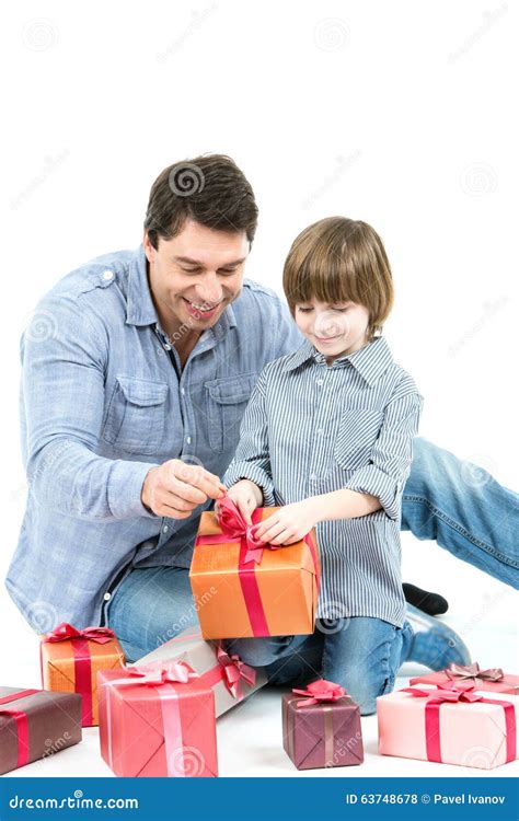 Happy Father Gives His Son Gift Isolated On White Stock Photo Image