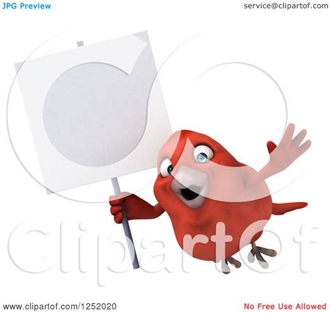 Clipart Of A 3d Happy Red Bird Flying With A Blank Sign Royalty Free