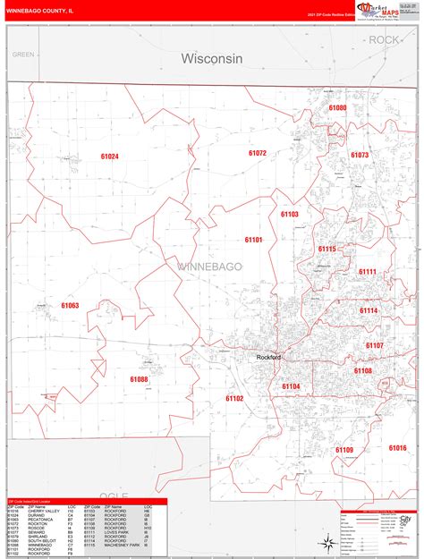Winnebago County Il Zip Code Wall Map Red Line Style By Marketmaps