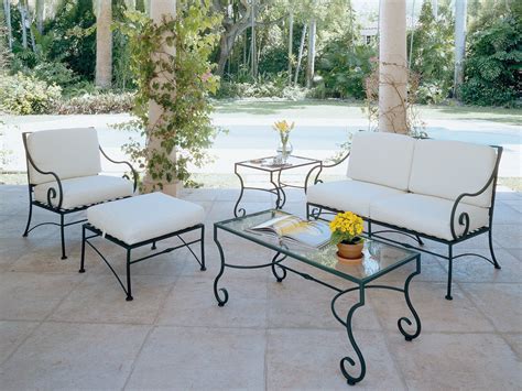 The most common wrought iron patio furniture material is metal. Woodard Sheffield Wrought Iron Lounge Set | Iron patio ...