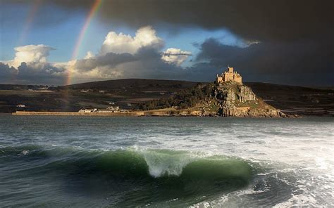 Hd Wallpaper Castle Ocean Rainbow Landscape Coast Buildings Sea Waves