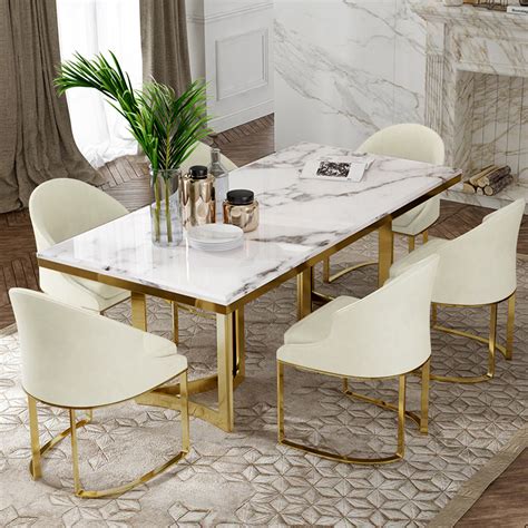 Modern White Rectangular Marble Dining Table Set