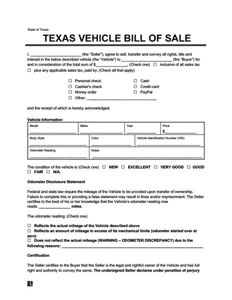 Texas Vehicle Bill Of Sale Printable