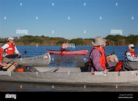Everglades National Park Florida Visitors Paddle Canoes On A Trip