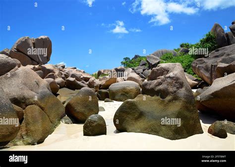 Anse Marron Beach With Big Granite Boulders On La Digue Island