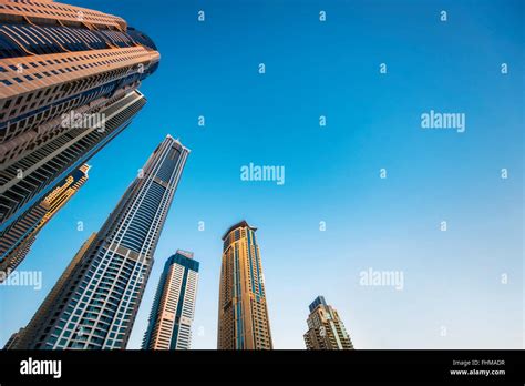 High Beautiful Skyscrapers On Blue Sky Background Stock Photo Alamy