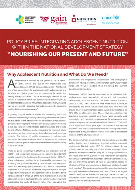 Integrating Adolescent Nutrition Within The National Development Strategy Nourishing Our
