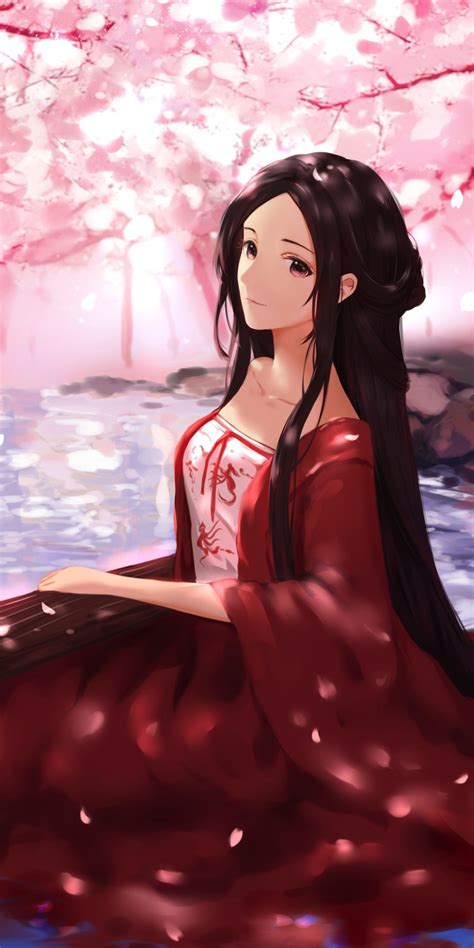 Download Wallpaper 1080x2160 Cute Anime Girl Cherry Flowers Music