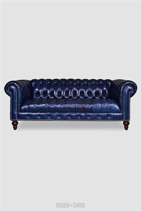 Navy Blue Leather Chesterfield Sofa With Tufted Seat Blue Sectional
