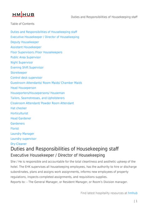 Solution Duties And Responsibilities Of Housekeeping Staff Studypool