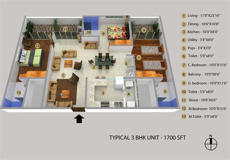 3 Bhk House Plan In 1200 Sq Ft 3d House Poster