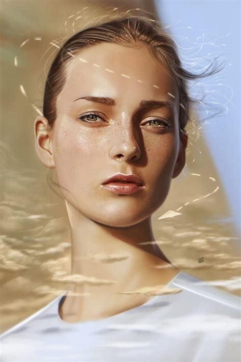 Women Face Yaşar Vurdem Blonde Freckles Digital Art Portrait