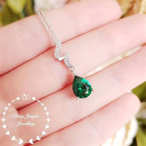 Pear Shaped Emerald Necklace May Birthstone Pendant Pear Cut Lab