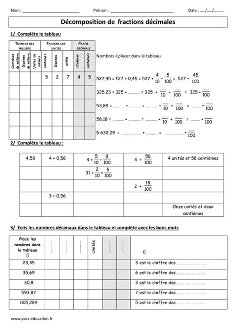 Décomposition De Fractions Décimales Exercices Corrigés Cm1 Cm2