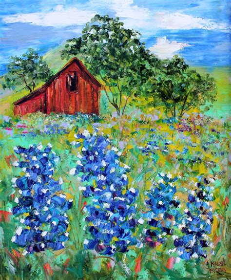 Original Oil Painting Texas Bluebonnets And Barn By Karensfineart